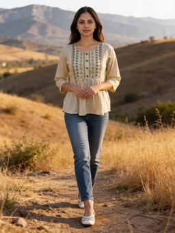 Rangita - Women Cream Rayon Embroidered Kurti