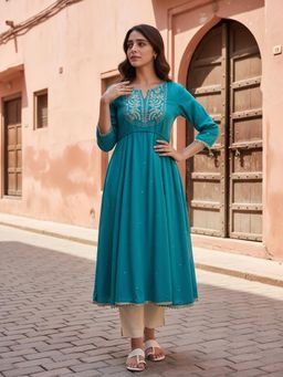 Rangita - Women Turquoise Rayon Slub Embroidered Kurta