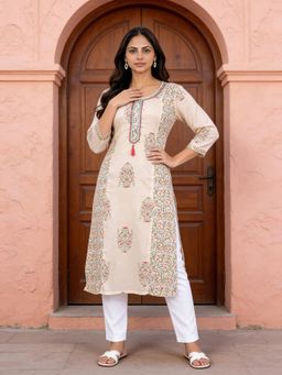 Rangita - Women Cream Rayon Embroidered Kurta