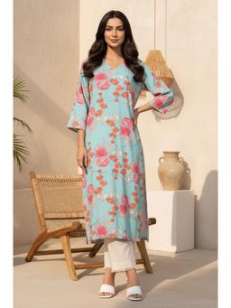 W - Turquoise Viscose Rayon Floral Kurta