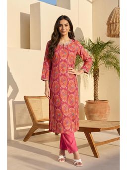 W - Pink Viscose Rayon Floral Kurta