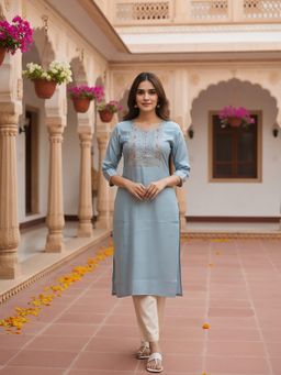 Rangita - Women Blue Viscose Rayon Embroidered Kurta