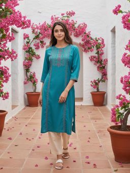 Rangita - Women Teal Rayon Embroidered Kurta