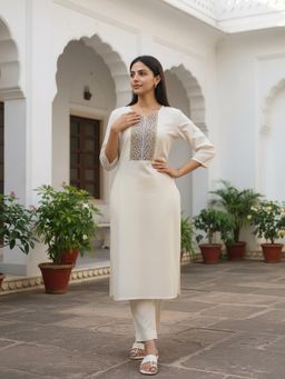 Rangita - Women Off White Rayon Slub Embroidered Kurta