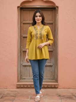 Rangita - Women Mustard Rayon Embroidered Kurti