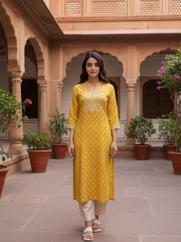 Rangita - Women Mustard Rayon Embroidered Kurta