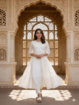 Rangita - Women Off White Cotton Embroidered Kurta