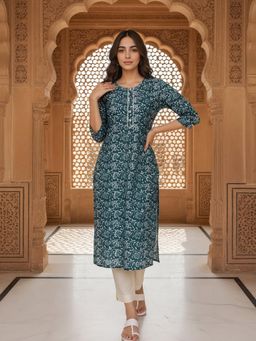 Rangita - Women Teal Rayon Printed Kurta