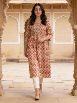 Rangita - Women Beige Rayon Embroidered Kurta