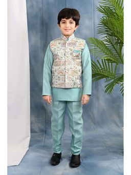 BT DEZINES - Boys Light Blue Kurta with Pyjama and Embroidered Waistcoat (Set of 3)