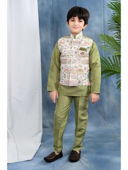 BT DEZINES - Boys Olive Kurta with Pyjama and Embroidered Waistcoat (Set of 3)