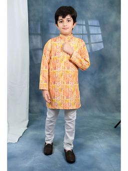 BT DEZINES - Boys Yellow Crochet Jaipurian Printed Kurta and Pyjama (Set of 2)