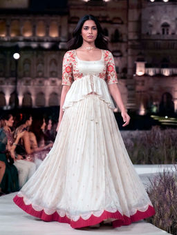 LooknBook Art - Off White Silk Embroidered Stitched Lehenga and Unstitched Blouse with koti (stitched)