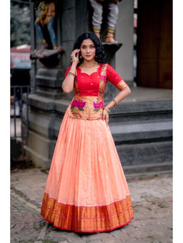 LooknBook Art - Women Peach Cotton Silk Zari Stitched Lehenga and Stitched Blouse with Dupatta