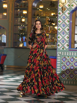 LooknBook Art - Women Black Georgette Lace Work Stitched Lehenga and Unstitched Blouse with Dupatta