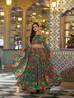 LooknBook Art - Women Green Georgette Lace Work Stitched Lehenga and Unstitched Blouse with Dupatta