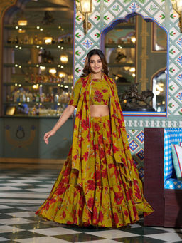 LooknBook Art - Women Green Georgette Lace Work Stitched Lehenga and Unstitched Blouse with Dupatta