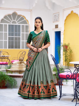 LooknBook Art - Women Green Silk Lace Work Stitched Lehenga and Unstitched Blouse with Dupatta