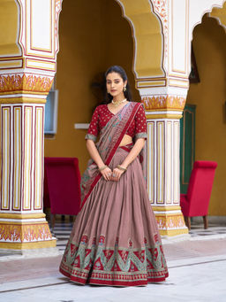 LooknBook Art - Women Maroon Silk Lace Work Stitched Lehenga and Unstitched Blouse with Dupatta