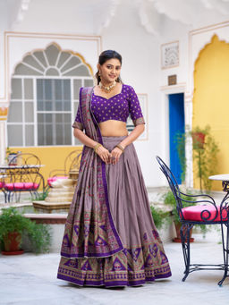 LooknBook Art - Women Purple Silk Lace Work Stitched Lehenga and Unstitched Blouse with Dupatta