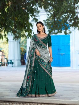 LooknBook Art - Green Poly Silk Thread Work Stitched Lehenga and Unstitched Blouse with Dupatta