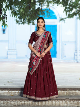LooknBook Art - Women Wine Poly Silk Thread Work Stitched Lehenga and Unstitched Blouse with Dupatta