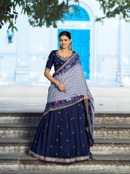 LooknBook Art - Women Blue Poly Silk Thread Work Stitched Lehenga and Unstitched Blouse with Dupatta