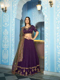 LooknBook Art - Purple Poly Silk Thread Work Stitched Lehenga and Unstitched Blouse with Dupatta