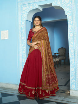 LooknBook Art - Maroon Poly Silk Thread Work Stitched Lehenga and Unstitched Blouse with Dupatta