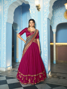 LooknBook Art - Women Pink Poly Silk Thread Work Stitched Lehenga and Unstitched Blouse with Dupatta