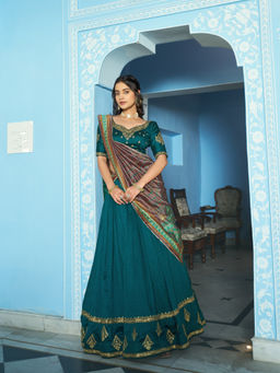 LooknBook Art - Women Teal Poly Silk Thread Work Stitched Lehenga and Unstitched Blouse with Dupatta