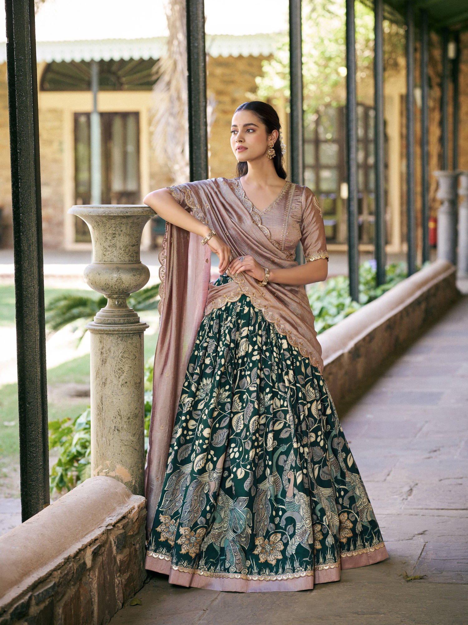 Women Green Silk Lace Work Stitched Lehenga and Unstitched Blouse with Dupatta-image-38