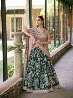 LooknBook Art - Women Green Silk Lace Work Stitched Lehenga and Unstitched Blouse with Dupatta