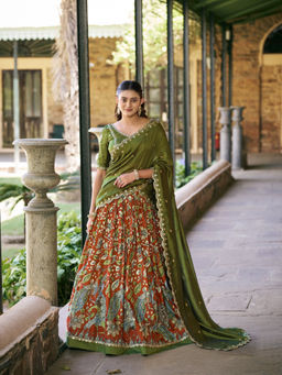 LooknBook Art - Women Green Silk Lace Work Stitched Lehenga and Unstitched Blouse with Dupatta