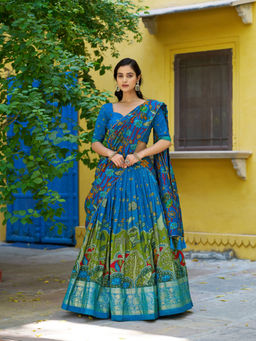 LooknBook Art - Women Teal Silk Printed Stitched Lehenga and Unstitched Blouse with Dupatta