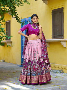 LooknBook Art - Women Pink Silk Printed Stitched Lehenga and Unstitched Blouse with Dupatta