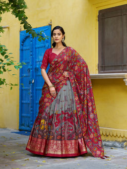 LooknBook Art - Women Green Silk Printed Stitched Lehenga and Unstitched Blouse with Dupatta