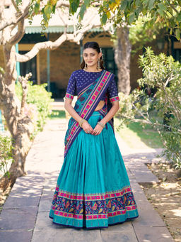 LooknBook Art - Women Blue Silk Tassels Stitched Lehenga and Unstitched Blouse with Dupatta