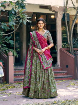 LooknBook Art - Women Green Silk Lace Work Stitched Lehenga and Unstitched Blouse with Dupatta