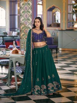 LooknBook Art - Women Green Silk Lace Work Stitched Lehenga and Unstitched Blouse with Dupatta