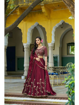 LooknBook Art - Women Maroon Silk Thread Work Stitched Lehenga and Unstitched Blouse with Dupatta