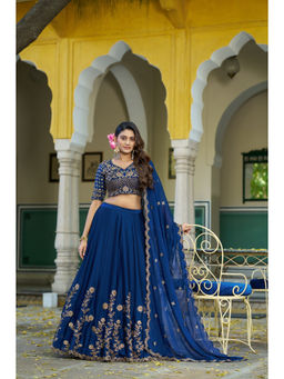 LooknBook Art - Women Blue Silk Thread Work Stitched Lehenga and Unstitched Blouse with Dupatta