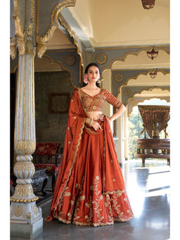 LooknBook Art - Women Rust Silk Thread Work Stitched Lehenga and Unstitched Blouse with Dupatta