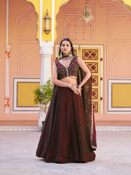 LooknBook Art - Women Maroon Silk Thread Work Stitched Lehenga and Unstitched Blouse with Dupatta