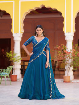 LooknBook Art - Women Teal Silk Thread Work Stitched Lehenga and Unstitched Blouse with Dupatta