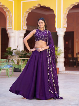 LooknBook Art - Women Purple Silk Thread Work Stitched Lehenga and Unstitched Blouse with Dupatta