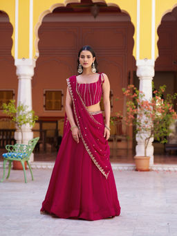 LooknBook Art - Women Pink Silk Thread Work Stitched Lehenga and Unstitched Blouse with Dupatta