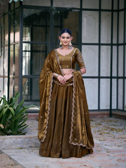 LooknBook Art - Women Brown Silk Embroidered Stitched Lehenga and Unstitched Blouse with Dupatta