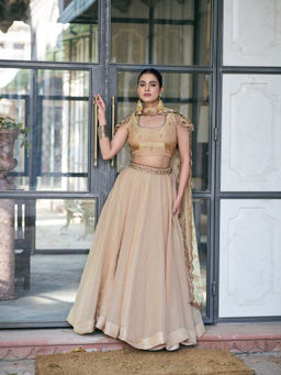 LooknBook Art - Women Cream Silk Embroidered Stitched Lehenga and Unstitched Blouse with Dupatta