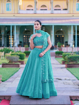 LooknBook Art - Women Blue Art Silk Embroidered Stitched Lehenga and Unstitched Blouse with Dupatta